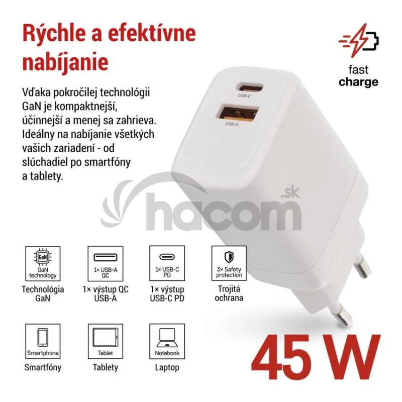 Univerzálny USB adaptér GaN do siete PD 45 W max.