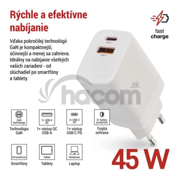 Univerzálny USB adaptér GaN do siete PD 45 W max.