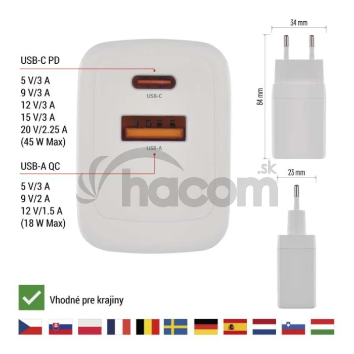 Univerzálny USB adaptér GaN do siete PD 45 W max.