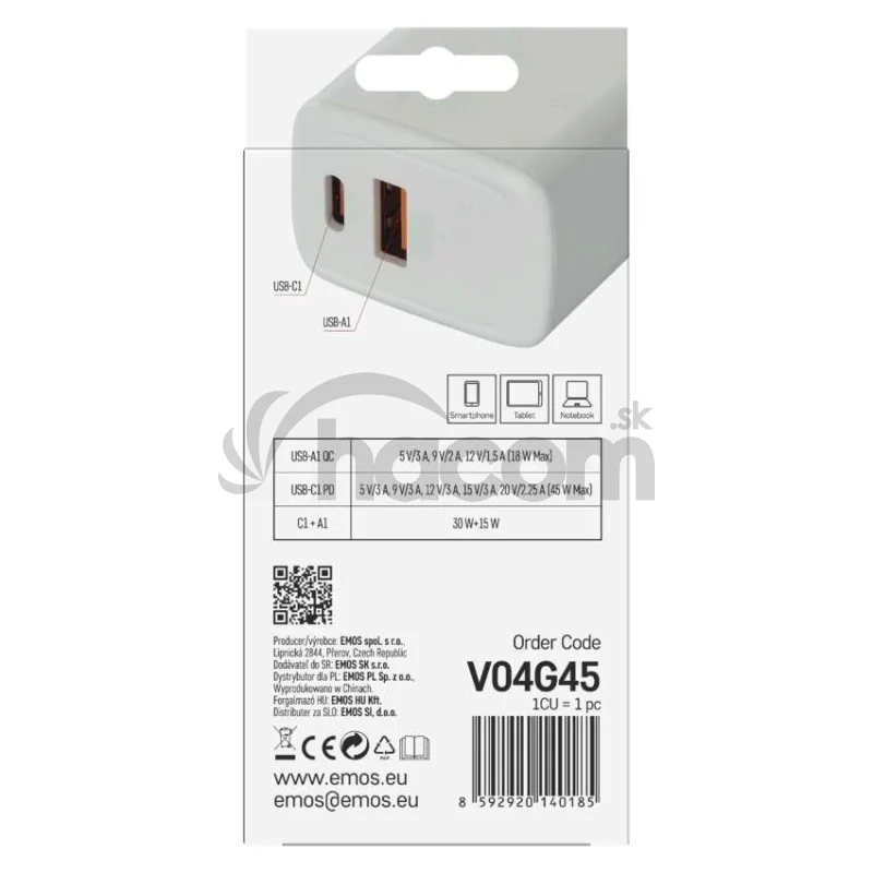 Univerzálny USB adaptér GaN do siete PD 45 W max.