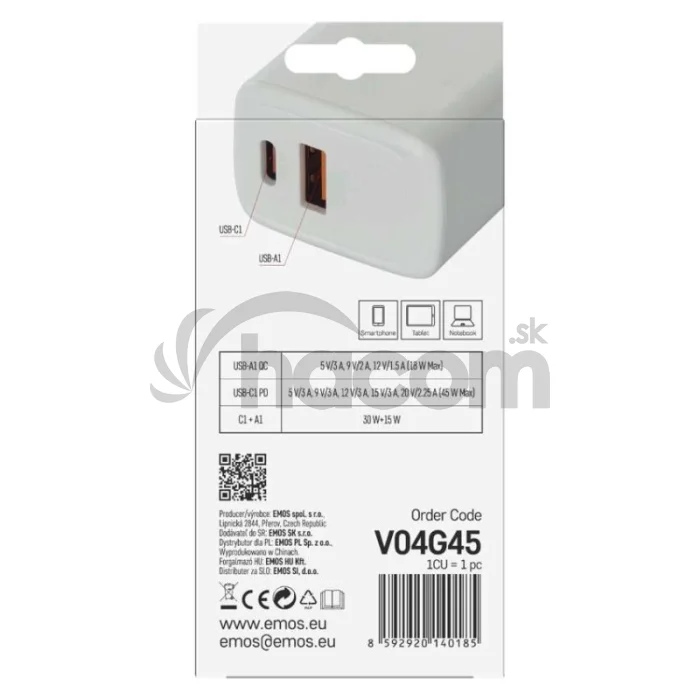 Univerzálny USB adaptér GaN do siete PD 45 W max.