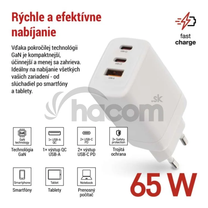 Univerzálny USB adaptér GaN do siete PD 65 W max.