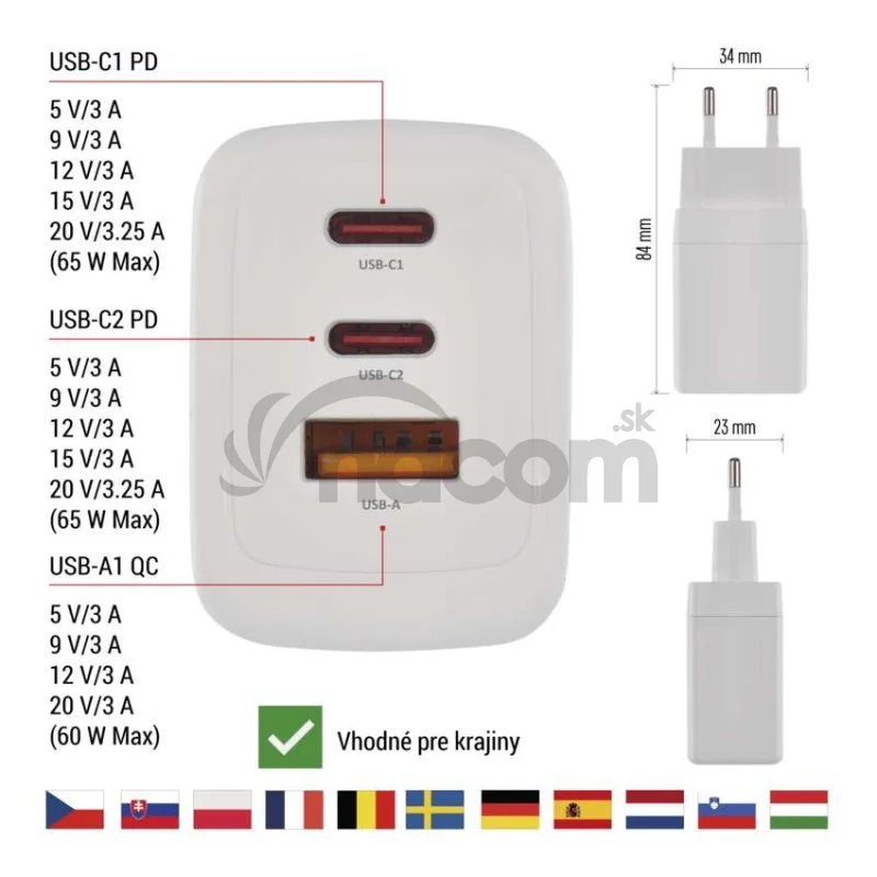 Univerzálny USB adaptér GaN do siete PD 65 W max.