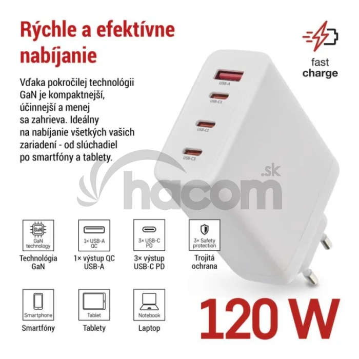 Univerzálny USB adaptér GaN do siete PD 120 W max.