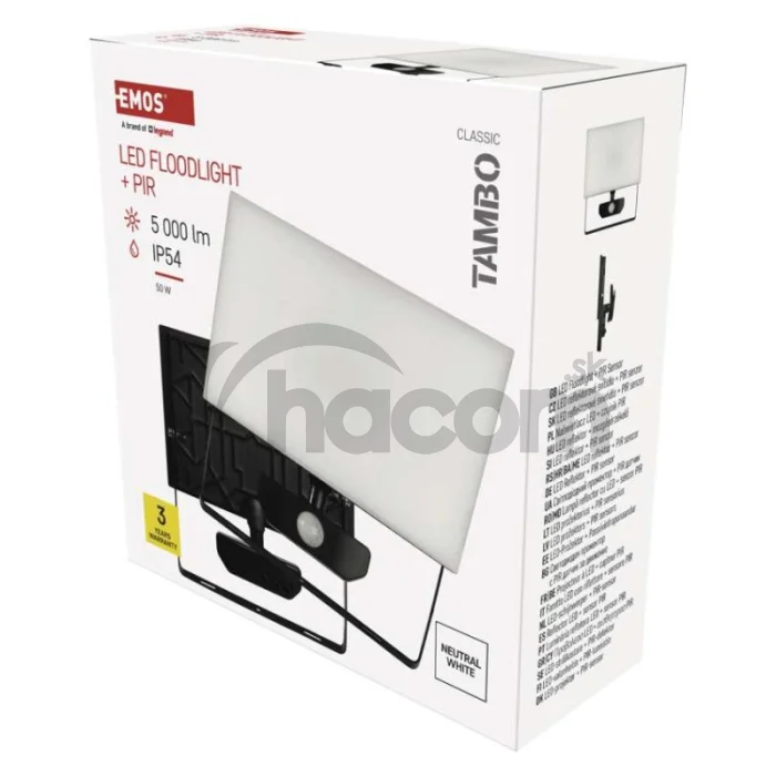 LED reflektor TAMBO so senzorom pohybu, 50 W, 5000 lm, čierny