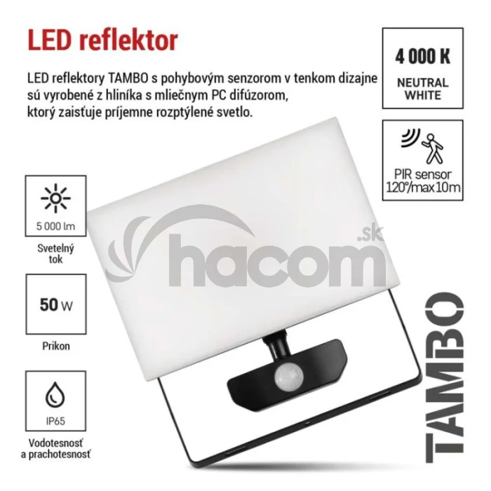 LED reflektor TAMBO so senzorom pohybu, 50 W, 5000 lm, čierny