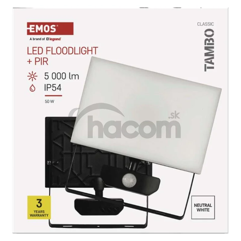LED reflektor TAMBO so senzorom pohybu, 50 W, 5000 lm, čierny
