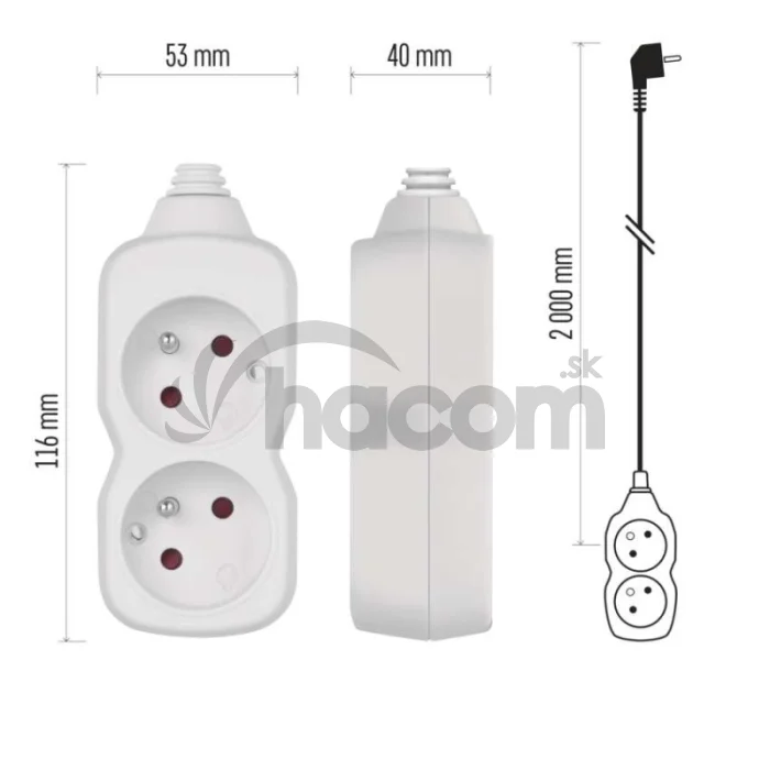 Predlžovací kábel 2 m / 2 zásuvka / biely / PVC / 1 mm2