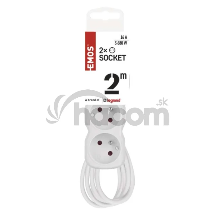 Predlžovací kábel 2 m / 2 zásuvky / s vypínačom / biely / PVC / 1 mm2