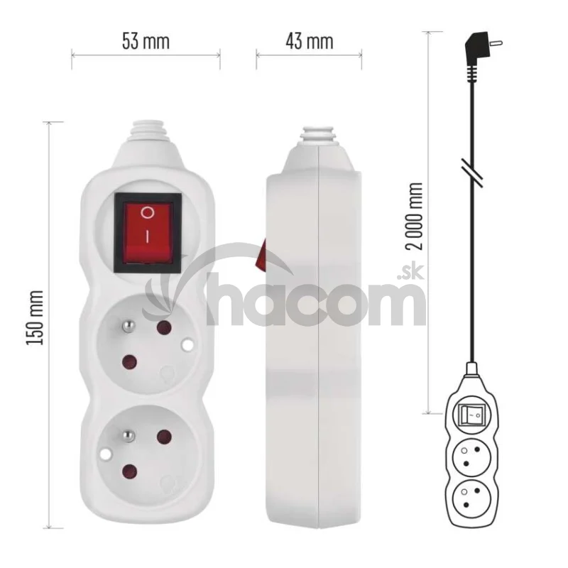 Predlžovací kábel 2 m / 2 zásuvky / s vypínačom / biely / PVC / 1 mm2
