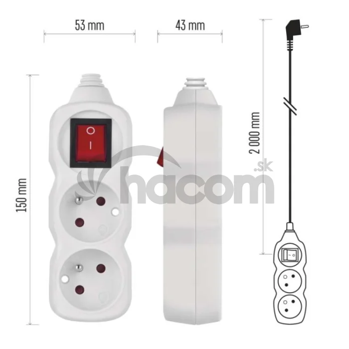 Predlžovací kábel 2 m / 2 zásuvky / s vypínačom / biely / PVC / 1 mm2