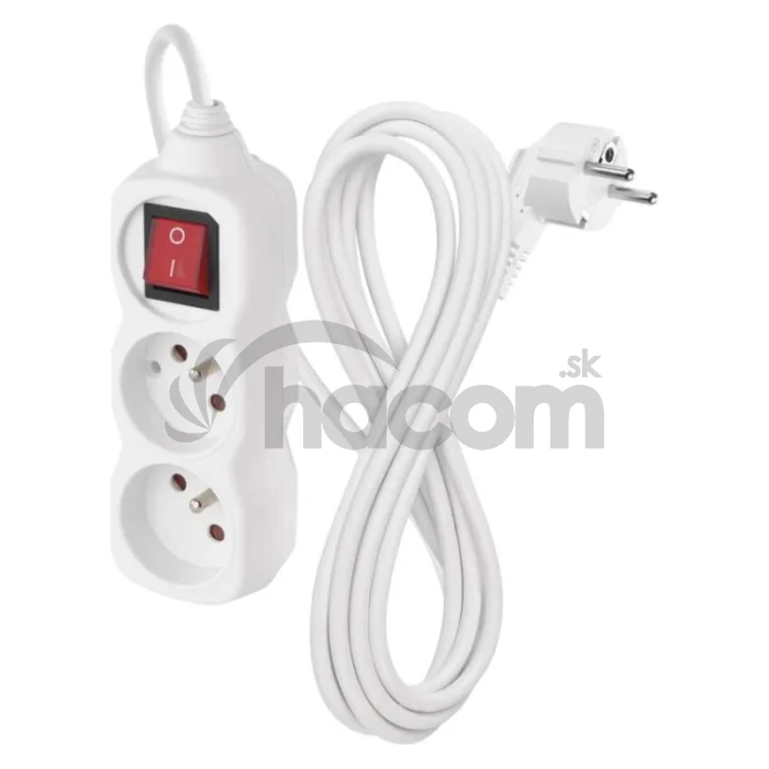 Predlžovací kábel 3 m / 2 zásuvky / s vypínačom / biely / PVC / 1 mm2