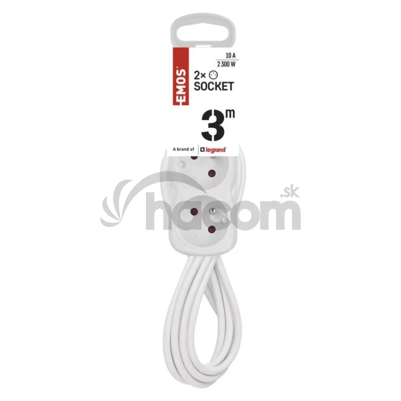 Predlžovací kábel 3 m / 2 zásuvky / s vypínačom / biely / PVC / 1 mm2