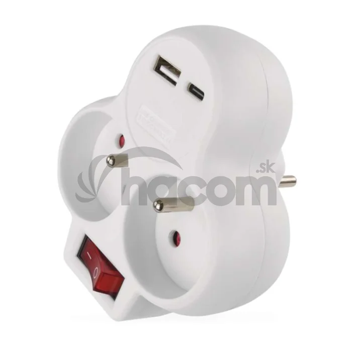 Rozbočovacia zásuvka 2×, vyp., 1×USB-A+1×USB-C, biela