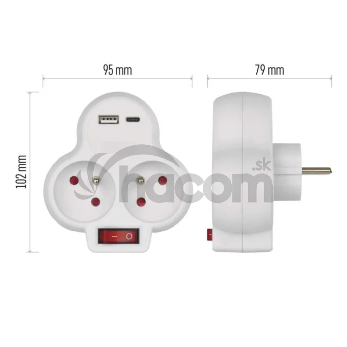 Rozbočovacia zásuvka 2×, vyp., 1×USB-A+1×USB-C, biela