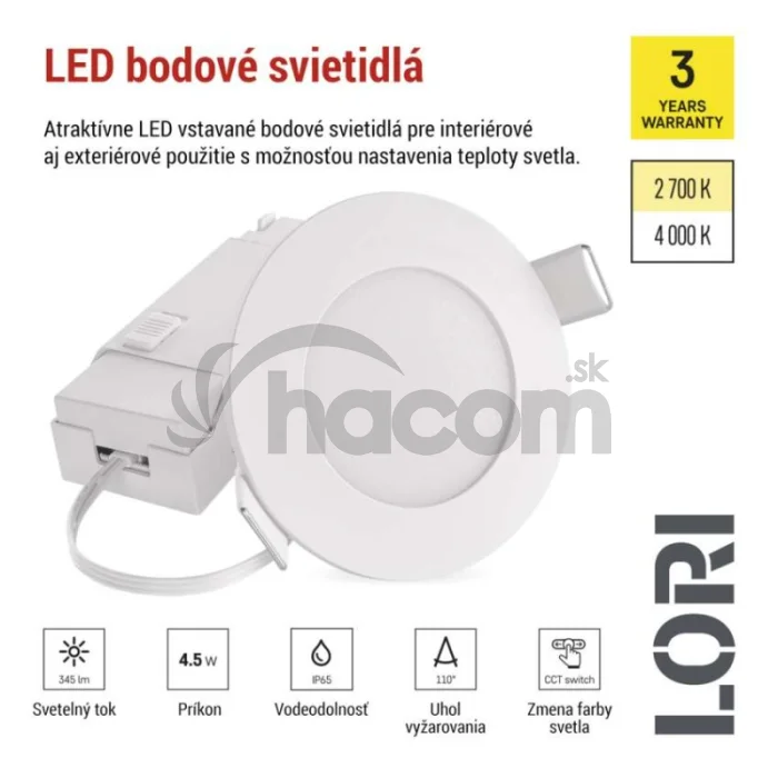 LED bodové svietidlo LORI 4,5W 345LM IP65 CCT bielá
