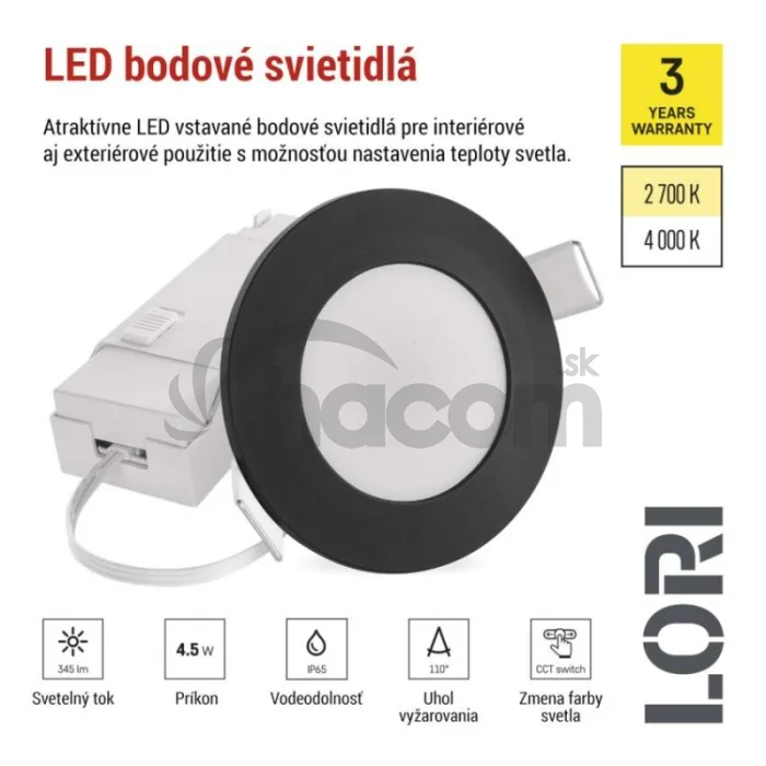 LED SVIETIDLO LORI VST. KR 4,5W 345LM IP65 CCT čierná
