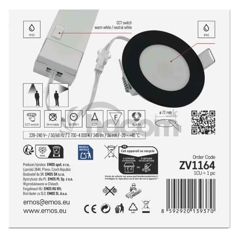 LED SVIETIDLO LORI VST. KR 4,5W 345LM IP65 CCT čierná