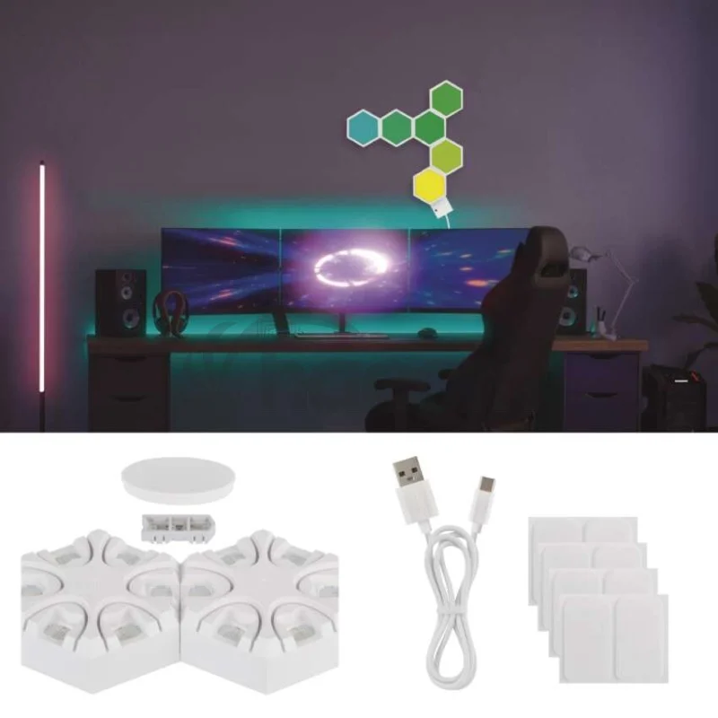 GoSmart LED stolná lampa Hexagon biela, 6 častí, RGBIC stmievateľná, WiFi