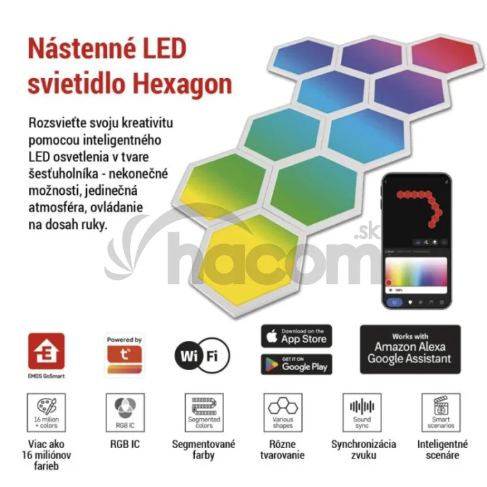 GoSmart LED svietidlo Hexagon, štartovacia sada, 10 dielov, 19 W, RGBIC stmievateľné, WiFi