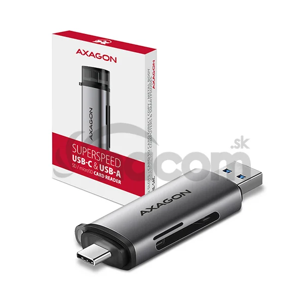 AXAGON CRE-SAC, USB3.2 Gen 1 Type-C + Type-A externá čítačka kariet SD/microSD, podpora UHS-I