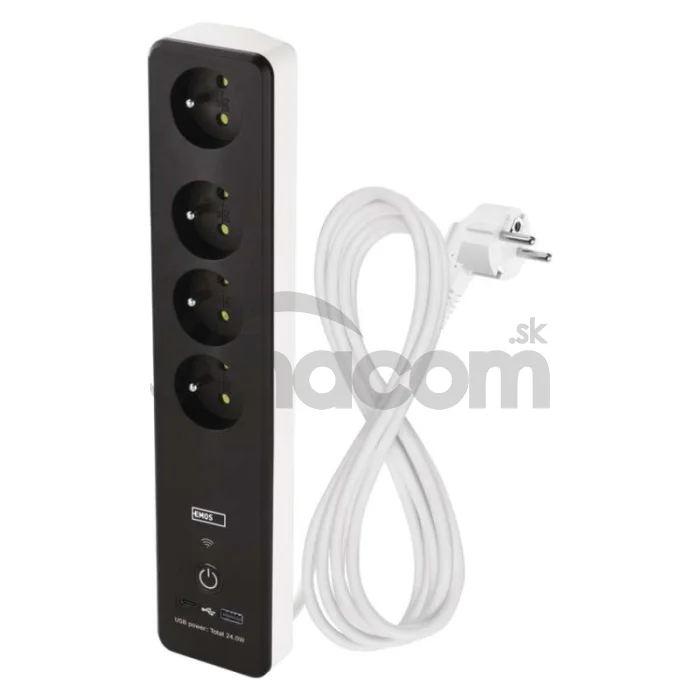 GoSmart predlžovací kábel 2 m / 4 zásuvky / s vyp. / s USB / biely-čierny / PVC / 1,5 mm2