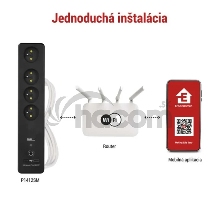 GoSmart predlžovací kábel 2 m / 4 zásuvky / s vyp. / s USB / biely-čierny / PVC / 1,5 mm2