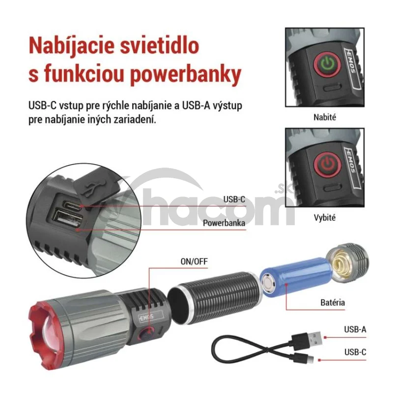 LED nabíjacie kovové svietidlo 3000 lm, 5000 mAh