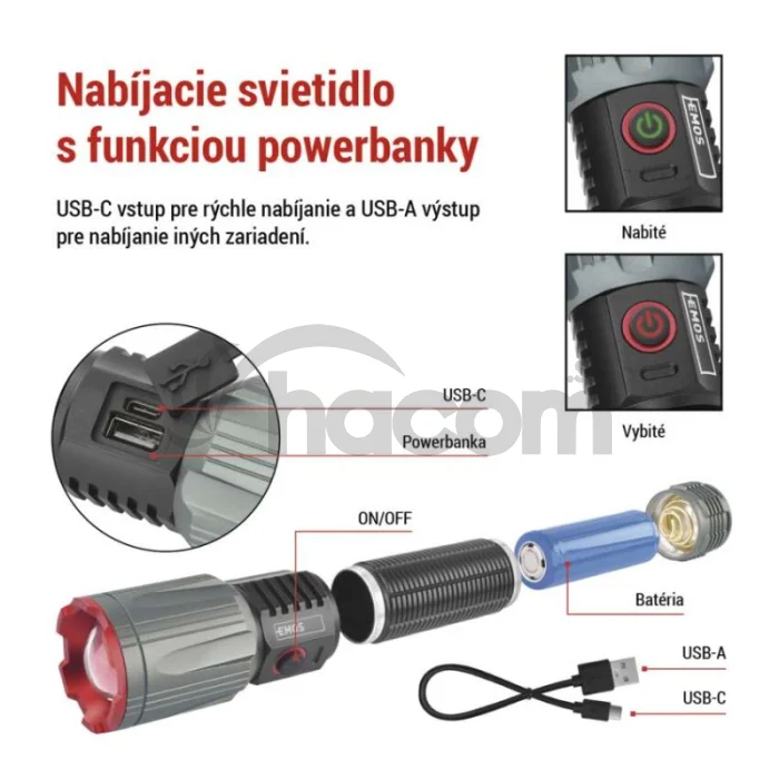 LED nabíjacie kovové svietidlo 3000 lm, 5000 mAh