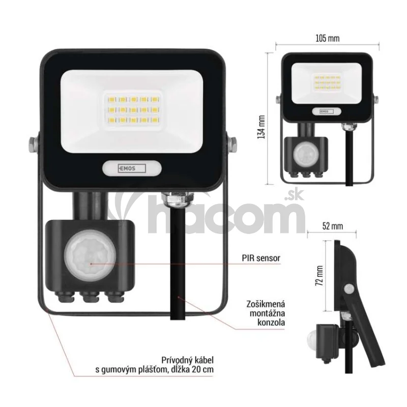 LED reflektor GLARO s pohybovým čidlom, 10 W, čierny, IP54, 1000 lm, neutrálna biela