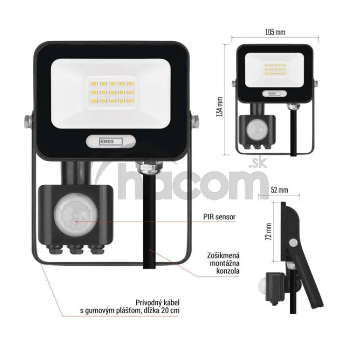 LED reflektor GLARO s pohybovým čidlom, 10 W, čierny, IP54, 1000 lm, neutrálna biela