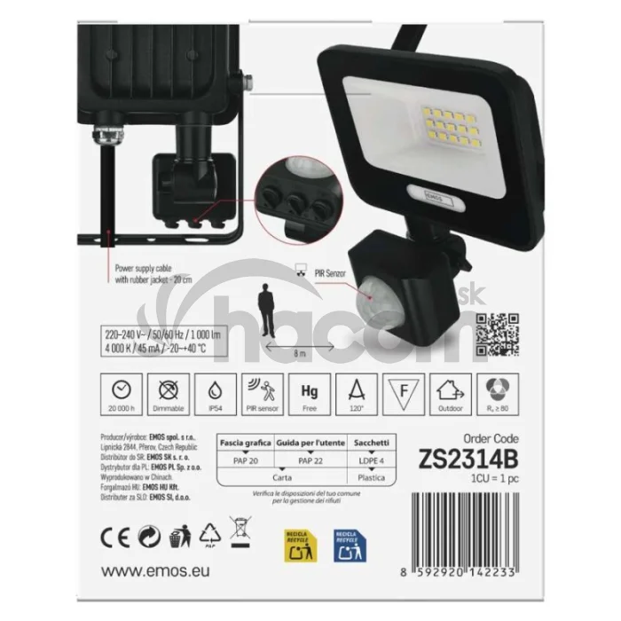 LED reflektor GLARO s pohybovým čidlom, 10 W, čierny, IP54, 1000 lm, neutrálna biela