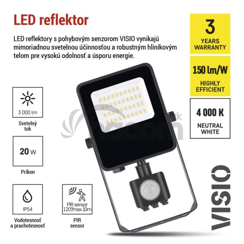 LED reflektor VISIO s pohybovým čidlom, 20 W, neutrálna biela, čierný