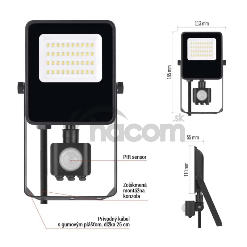 LED reflektor VISIO s pohybovým čidlom, 20 W, neutrálna biela, čierný