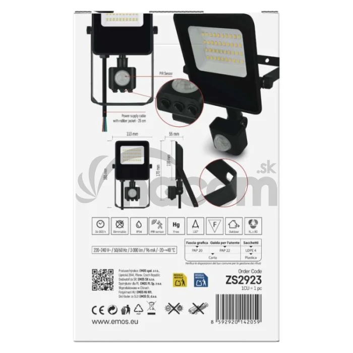 LED reflektor VISIO s pohybovým čidlom, 20 W, neutrálna biela, čierný
