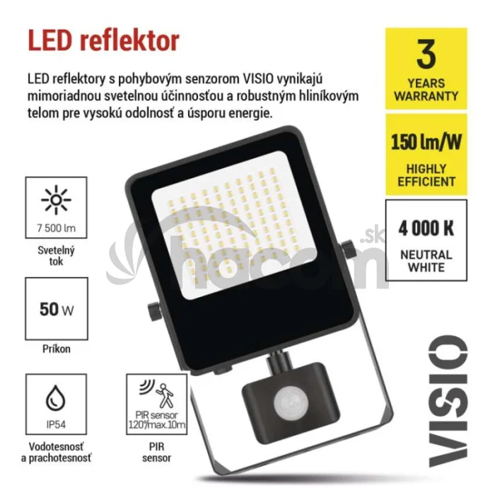 LED reflektor VISIO s pohybovým čidlom, 50 W, neutrálna biela, čierný