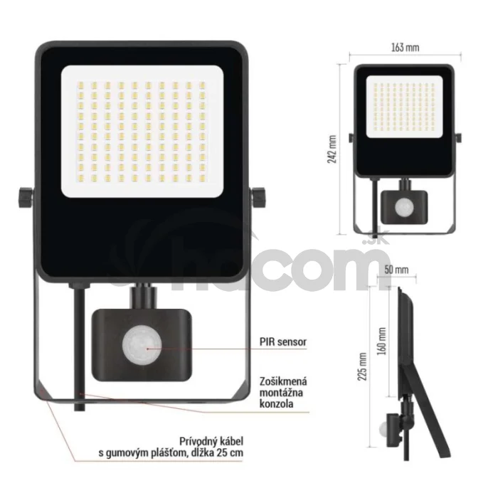 LED reflektor VISIO s pohybovým čidlom, 50 W, neutrálna biela, čierný