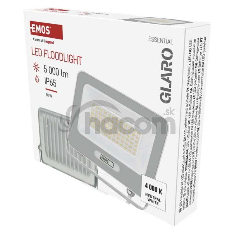 LED reflektor GLARO 50W, biely, IP65, 5000 lm, neutrálna biela