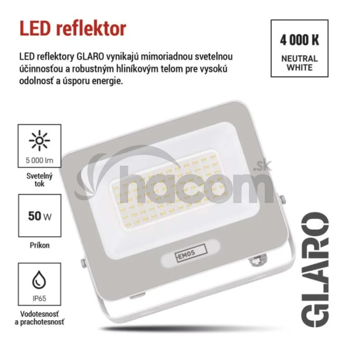 LED reflektor GLARO 50W, biely, IP65, 5000 lm, neutrálna biela
