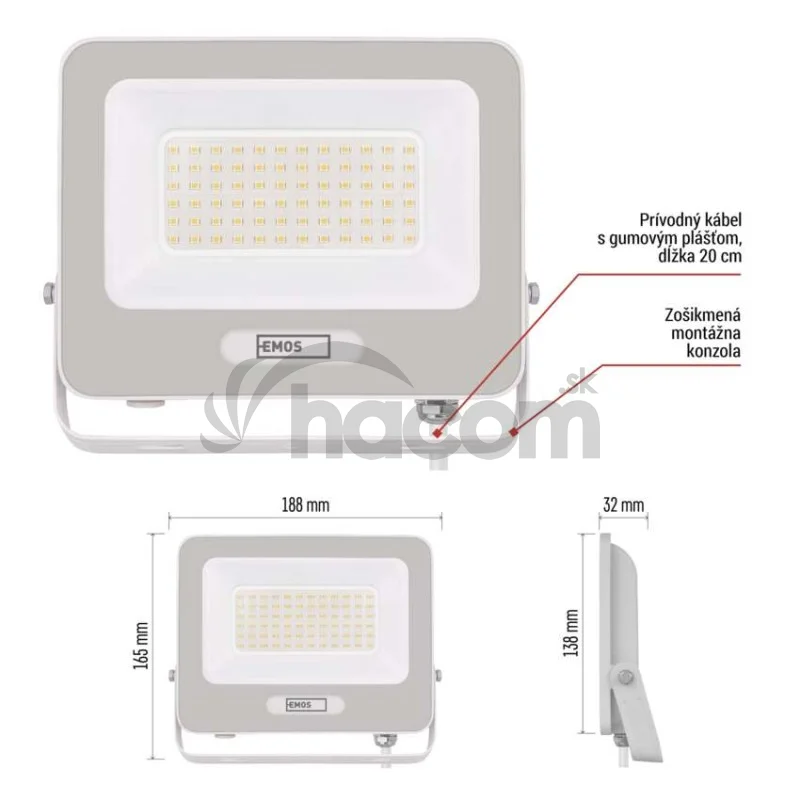 LED reflektor GLARO 50W, biely, IP65, 5000 lm, neutrálna biela