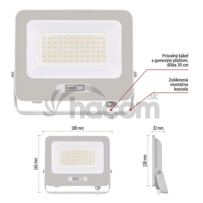 LED reflektor GLARO 50W, biely, IP65, 5000 lm, neutrálna biela
