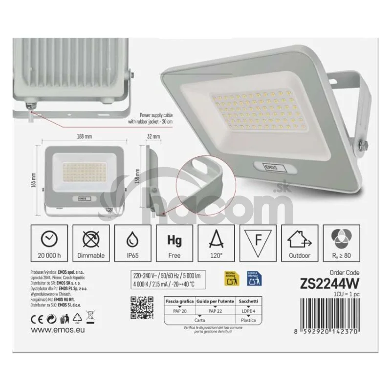 LED reflektor GLARO 50W, biely, IP65, 5000 lm, neutrálna biela