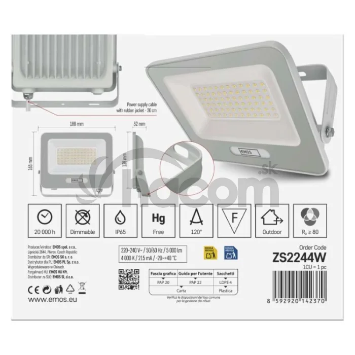 LED reflektor GLARO 50W, biely, IP65, 5000 lm, neutrálna biela