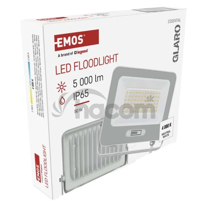 LED reflektor GLARO 50W, biely, IP65, 5000 lm, neutrálna biela