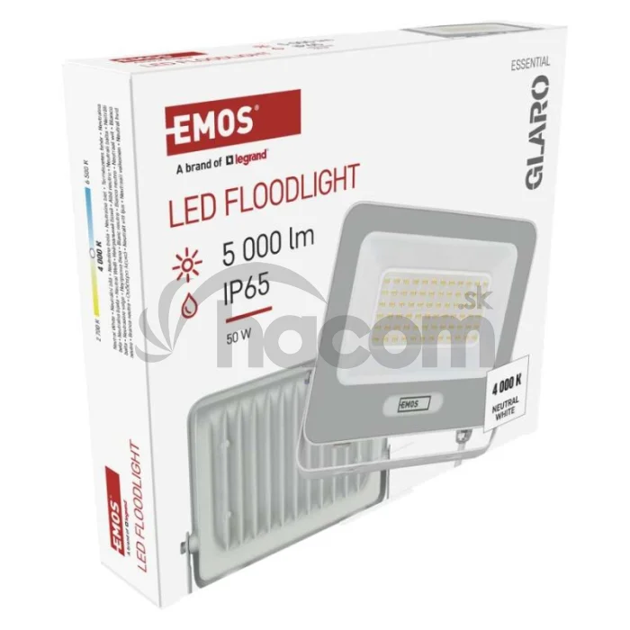 LED reflektor GLARO 50W, biely, IP65, 5000 lm, neutrálna biela