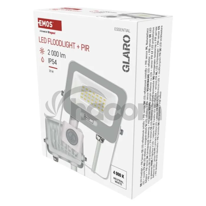 LED reflektor GLARO s pohybovým čidlom, 20 W, biely, IP54, 2000 lm, neutrálna biela