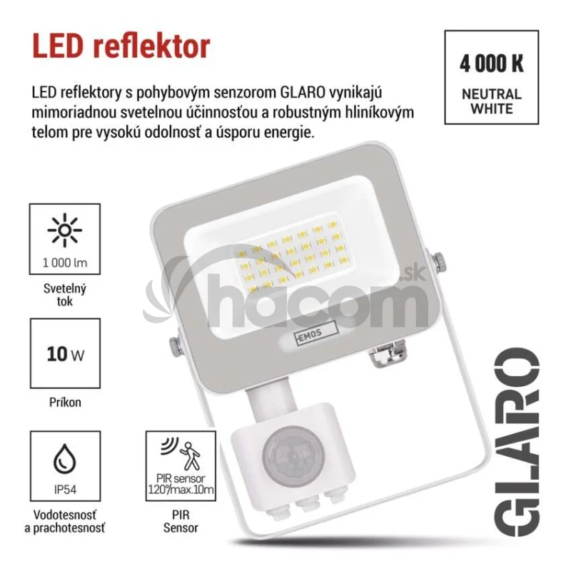 LED reflektor GLARO s pohybovým čidlom, 20 W, biely, IP54, 2000 lm, neutrálna biela