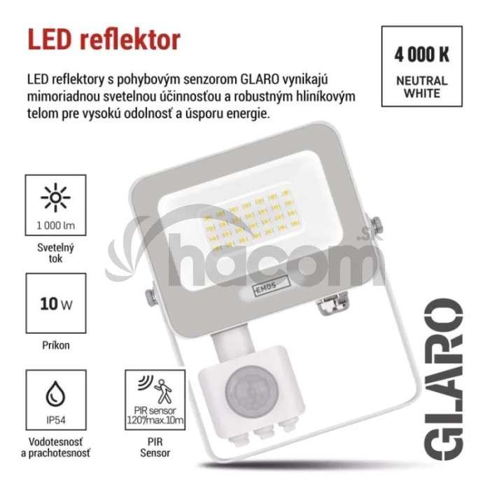 LED reflektor GLARO s pohybovým čidlom, 20 W, biely, IP54, 2000 lm, neutrálna biela