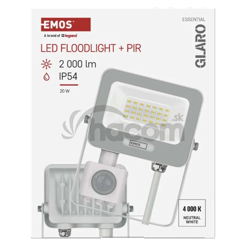 LED reflektor GLARO s pohybovým čidlom, 20 W, biely, IP54, 2000 lm, neutrálna biela
