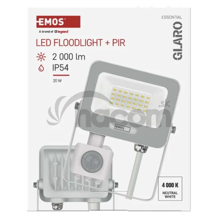 LED reflektor GLARO s pohybovým čidlom, 20 W, biely, IP54, 2000 lm, neutrálna biela